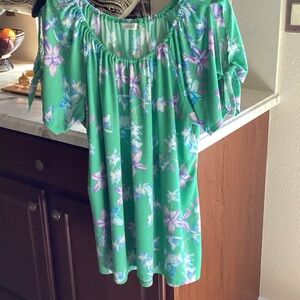 Cure.  Green and Purple Floral Blouse with ties at cold shoulder sleeve